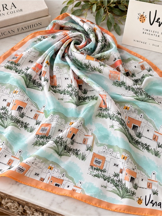 Vera Neumann Accessories - Vintage Vera Neumann Silk Scarf 29x29 Hand Rolled Made Japan Village Print